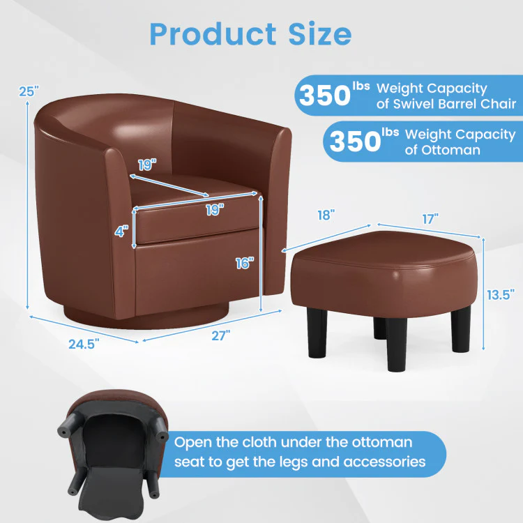 Modern Club Swivel Accent Chair With Ottoman Footrest Curved Backrest-Brown - Kaedas
