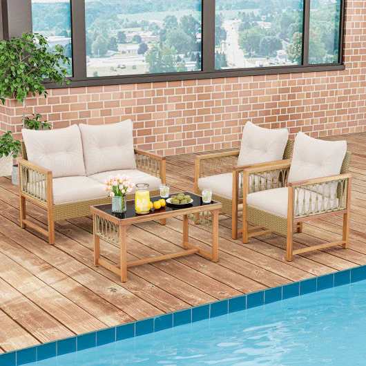 4 Pieces Outdoor Patio PE Wicker Conversation Bistro Set With Acacia Wood Frame-Brown - Kaedas