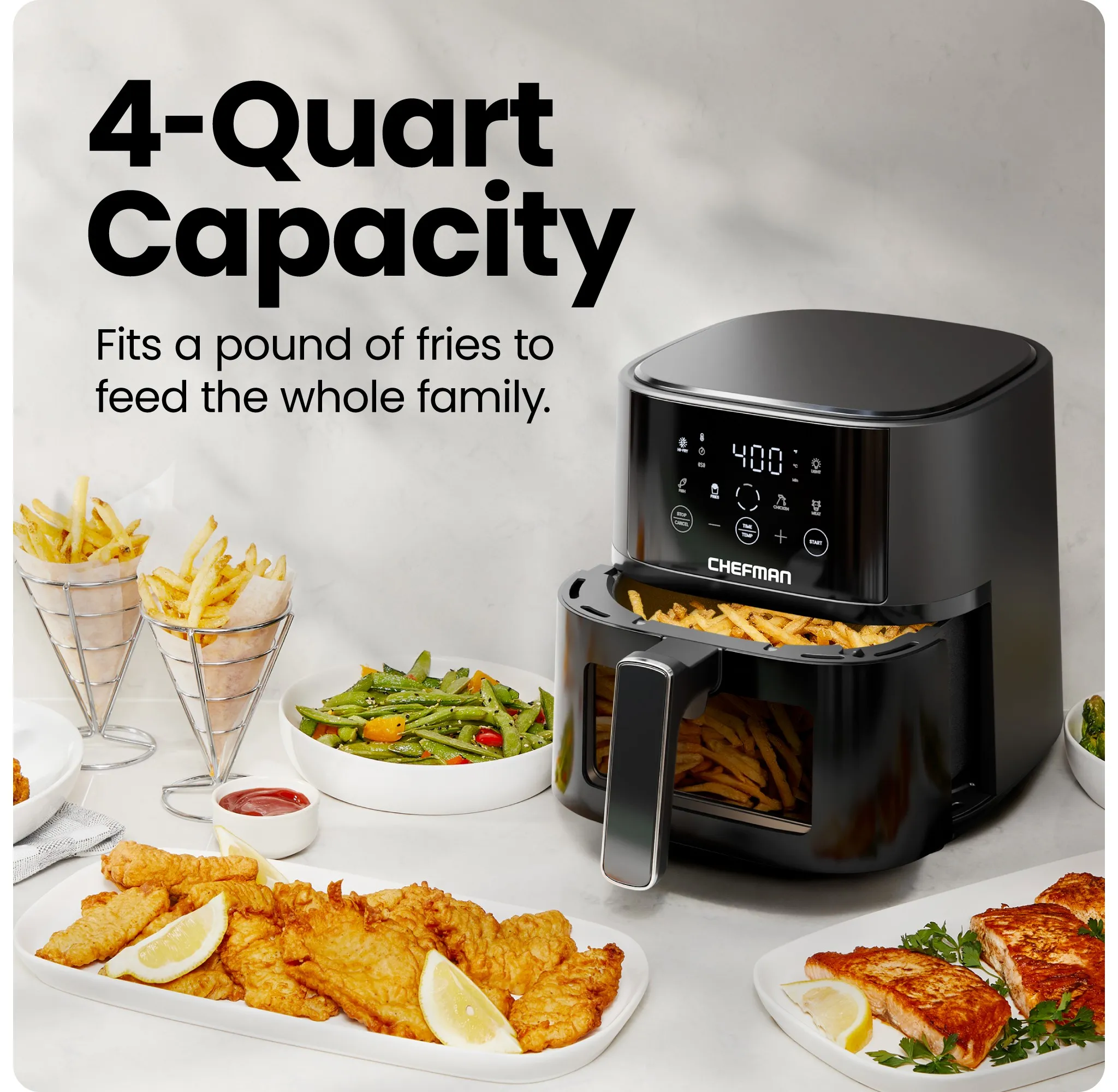 TurboFry Touch 4-Qt Easy-View Air Fryer w/ 4 Cooking Presets and 450F Hi-Fry Button - Black - Kaedas