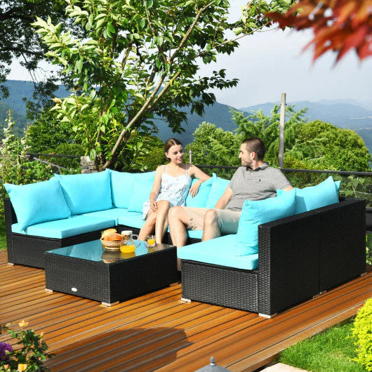 7-Piece Outdoor Sectional Wicker Patio Sofa Set With Tempered Glass Top-Blue - Kaedas
