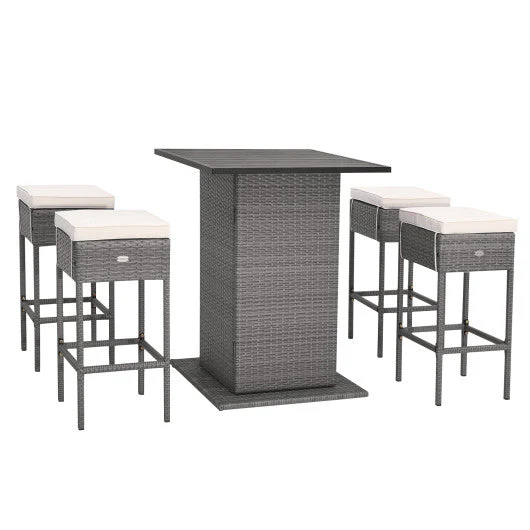 5 Pieces Outdoor Wicker Bar Table Set With Hidden Storage Shelves-White - Kaedas