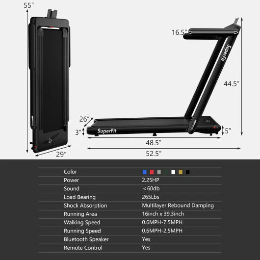 2.25HP 2 in 1 Folding Treadmill With APP Speaker Remote Control-Black - Kaedas