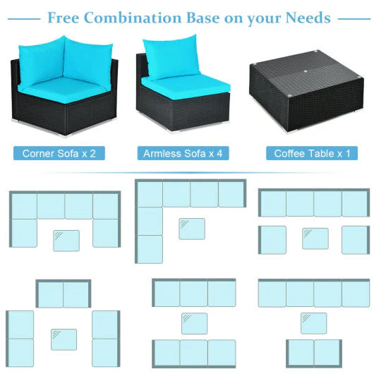 7-Piece Outdoor Sectional Wicker Patio Sofa Set With Tempered Glass Top-Blue - Kaedas