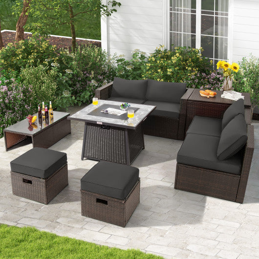9 Pieces Patio PE Wicker Sectional Set With 50000 BTU Fire Pit Table-Gray - Kaedas