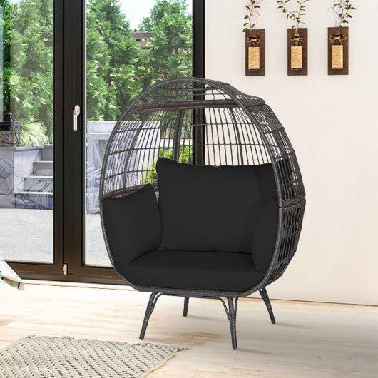 Oversized Indoor Wicker Egg Chair With Sturdy Metal Frame for Patio-Black - Kaedas