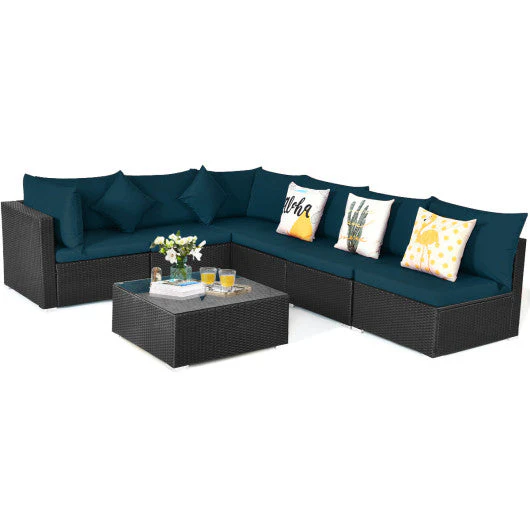 7 Pieces Sectional Wicker Furniture Sofa Set With Tempered Glass Top-Peacock Blue - Kaedas