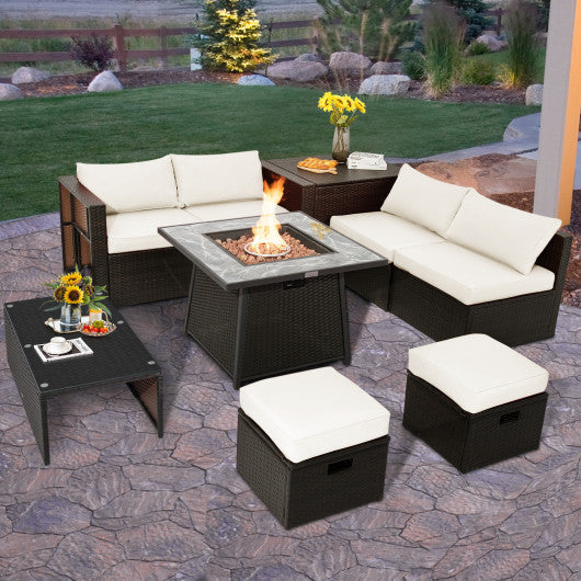 9 Pieces Patio PE Wicker Sectional Set With 50000 BTU Fire Pit Table-Off White - Kaedas