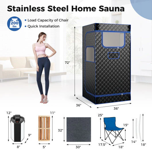 Portable Steam Sauna With 3L Steam Generator Remote Control Wood Foot Massager and Foldable Chair for Home-Black - Kaedas