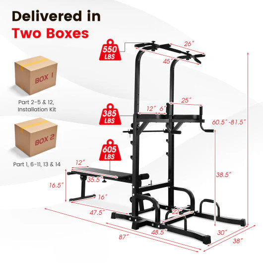 Power Tower Pull Up Bar Stand With Adjustable Heights and Bench - Kaedas