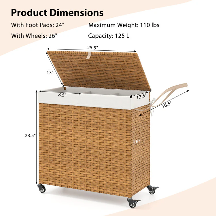 Laundry Hamper With Wheels and Lid-Natural - Kaedas