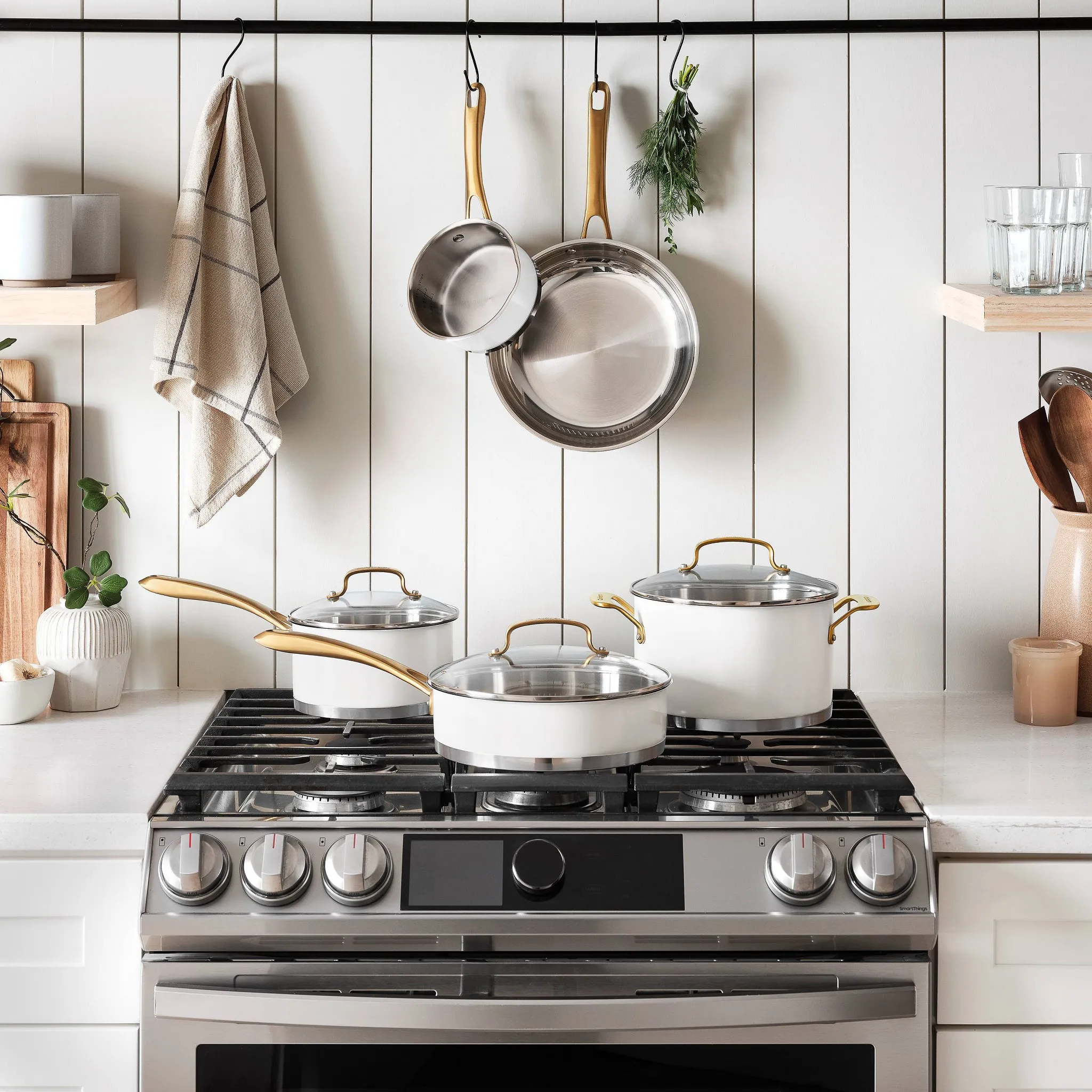 Classic 8pc Stainless Steel Cookware Set with Brushed Gold Handles- Matte White - Kaedas