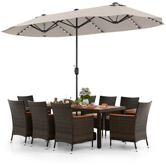 11 Pieces Patio Dining Set With 15 Feet Double-Sided Patio Umbrella and Base-Beige - Kaedas