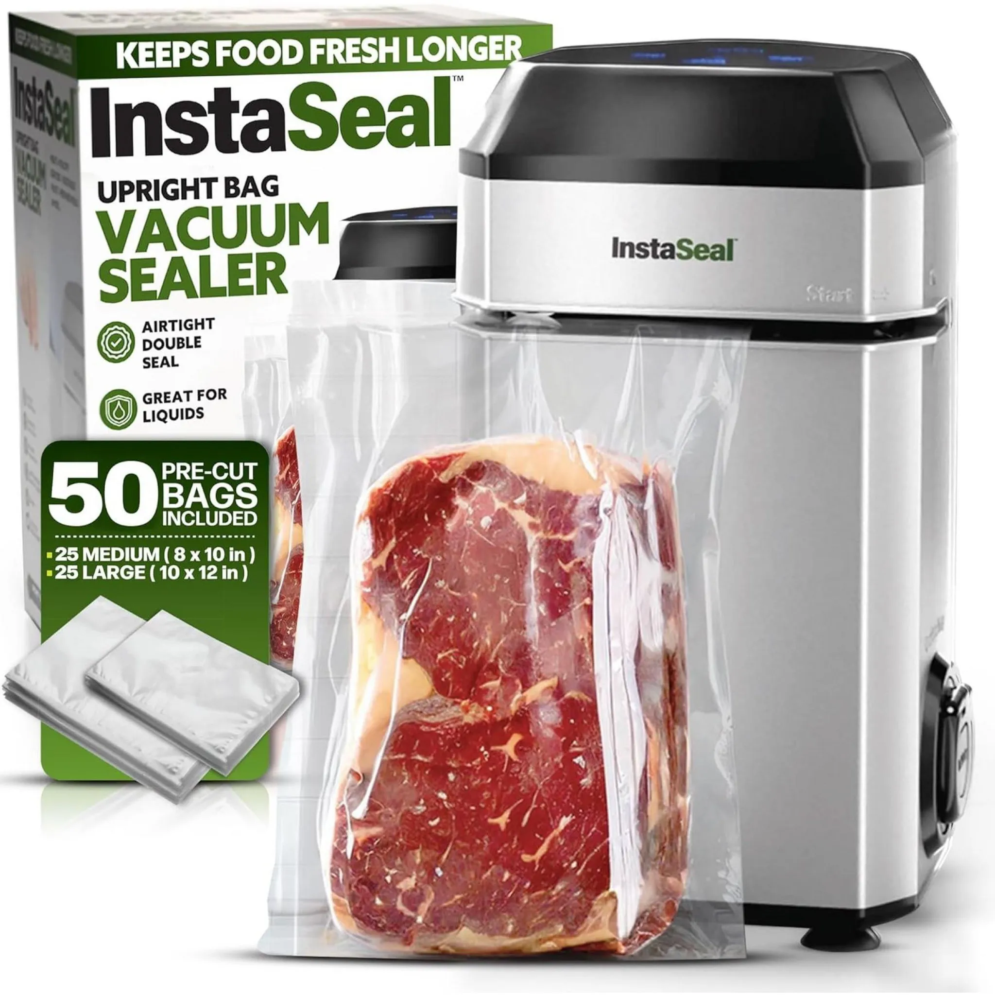 InstaSeal Vacuum Sealer Food Saver Machine with 50 Food Safe Storage Bags - Kaedas