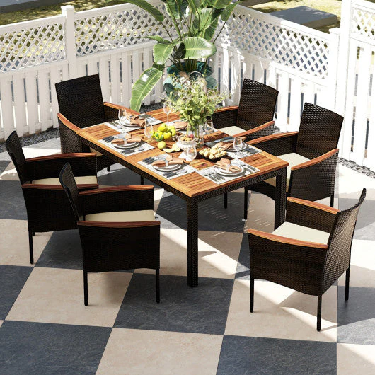 7 Pieces Rattan Patio Dining Set With Stackable Chairs and Umbrella Hole - Kaedas