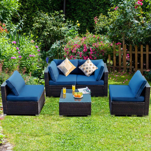 5 Pieces Cushioned Patio Rattan Furniture Set With Glass Table-Navy - Kaedas