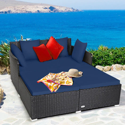 Spacious Outdoor Rattan Daybed With Upholstered Cushions and Pillows-Navy - Kaedas