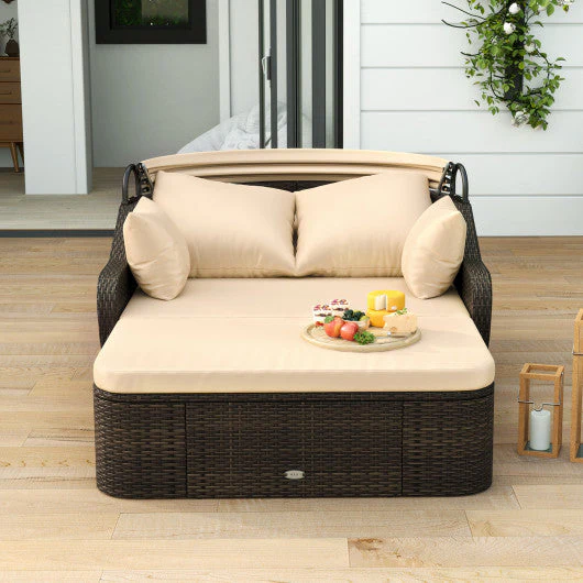 Patio PE Rattan Daybed With Retractable Canopy and Soft Cushions-Beige - Kaedas