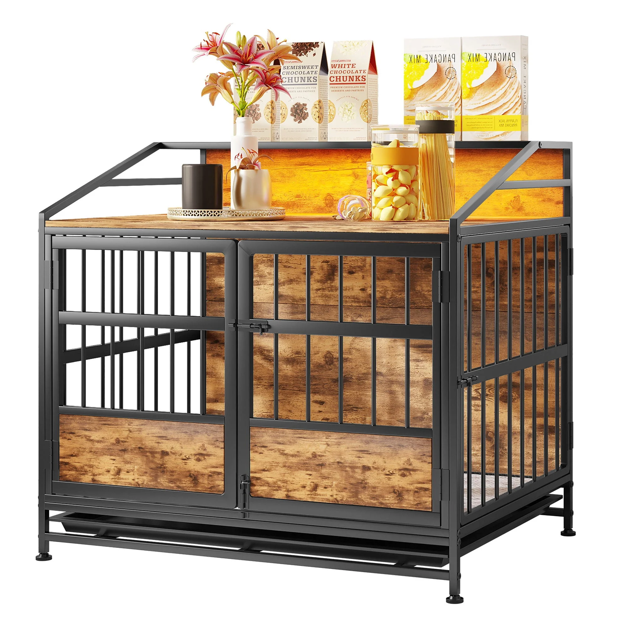 Multi Function Dog Crates With Storage, Double Doors, Indoor Dog Crate - Black Brown - Kaedas