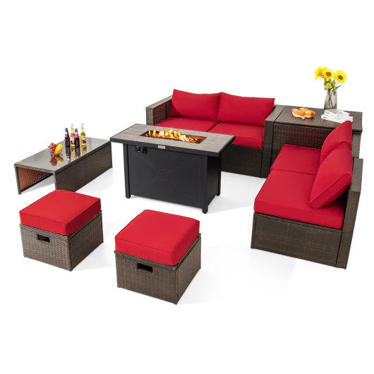 9 Pieces Outdoor Patio Furniture Set With 42 Inch Propane Fire Pit Table-Red - Kaedas