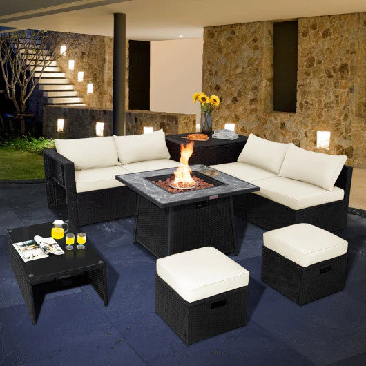 9 Pieces Outdoor Wicker Sectional With 35 Inch Gas Fire Pit Table-White - Kaedas