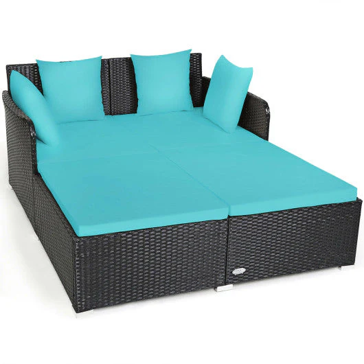 Spacious Outdoor Rattan Daybed With Upholstered Cushions and Pillows-Turquoise - Kaedas
