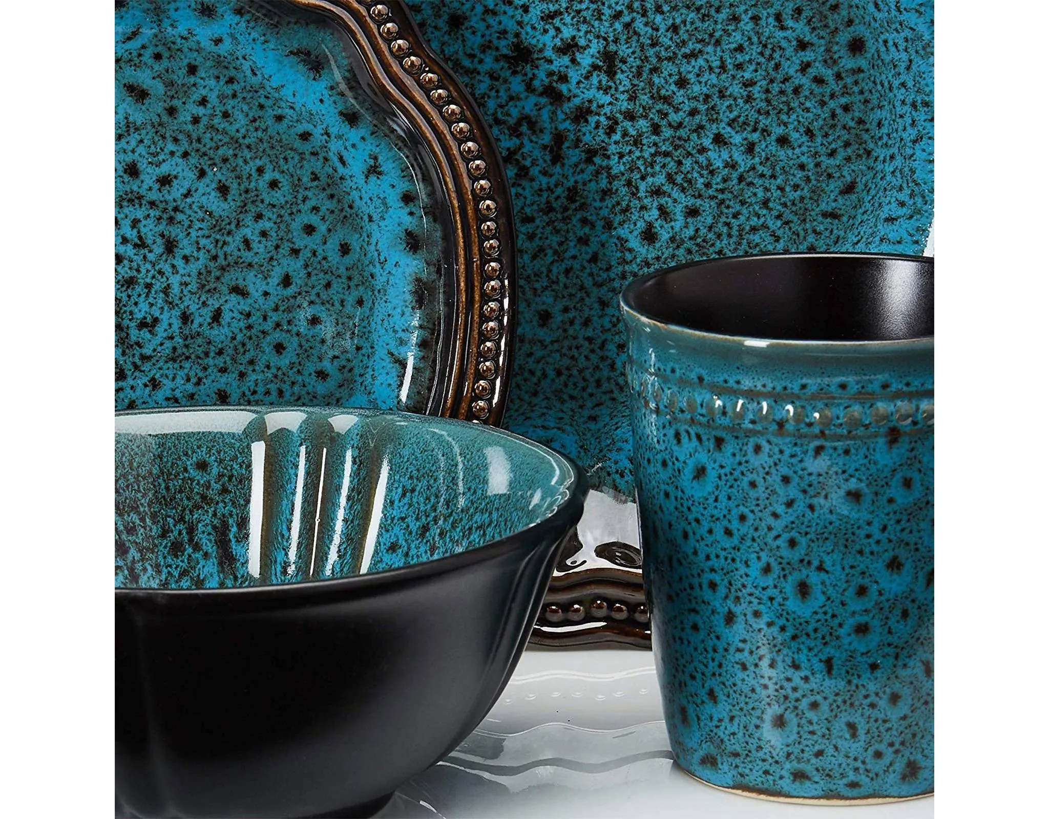 16pc Stoneware Lagoon Dinnerware Set Blue - : Microwave & Dishwasher Safe, Service for 4, Includes Plates & Mugs - Kaedas