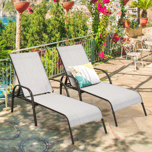 2 Pcs Outdoor Patio Lounge Chair Chaise Fabric With Adjustable Reclining Armrest-Gray - Kaedas