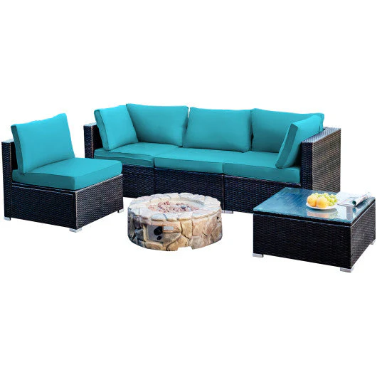 5 Pieces Cushioned Patio Rattan Furniture Set With Glass Table-Turquoise - Kaedas