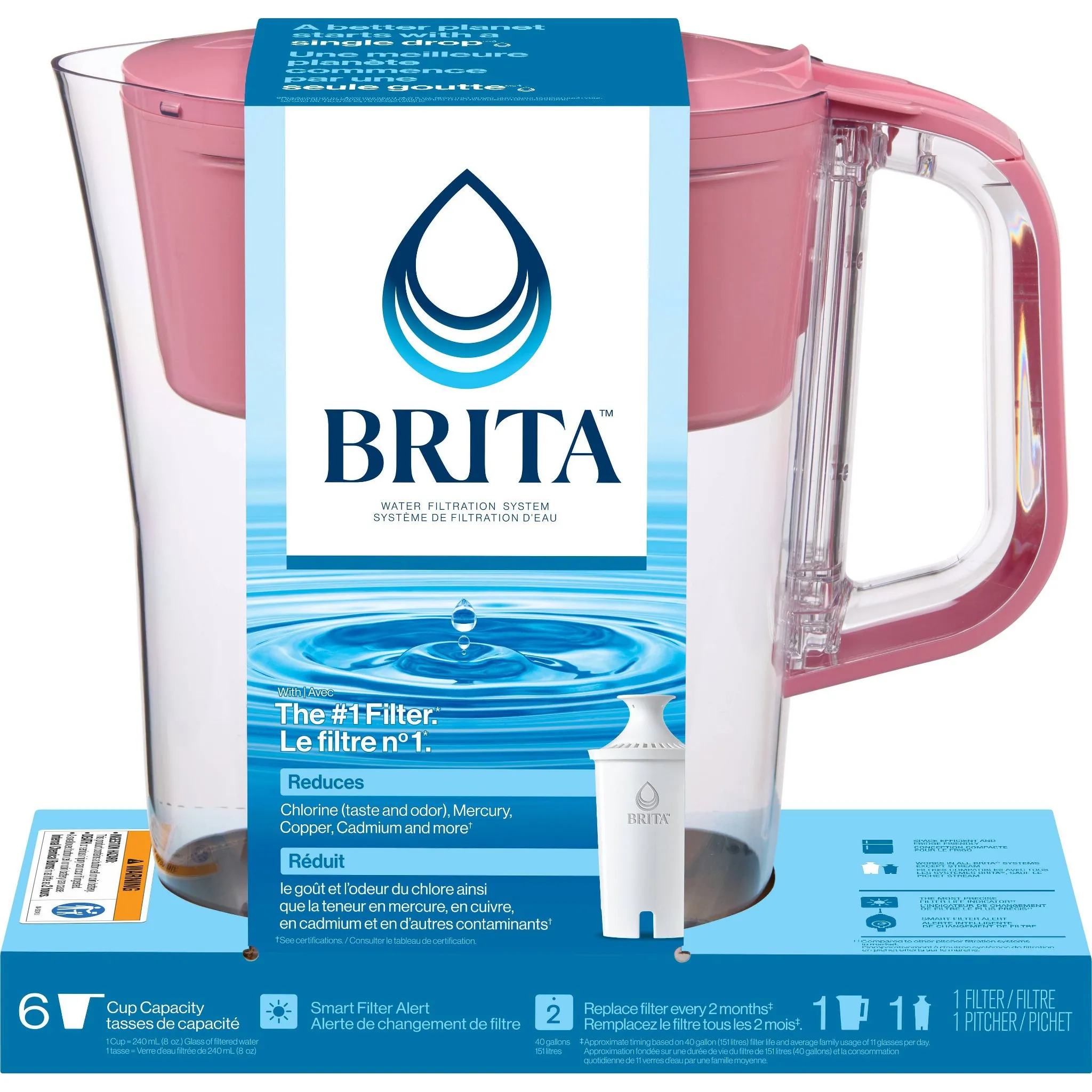 6-Cup Denali Water Pitcher Dispenser with Standard Water Filter- Cherry Blossom Pink - Kaedas