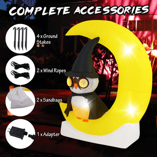 Inflatable Owl on Moon LED Lighted Halloween Decoration With Large Moon and Wizard Owl - Kaedas
