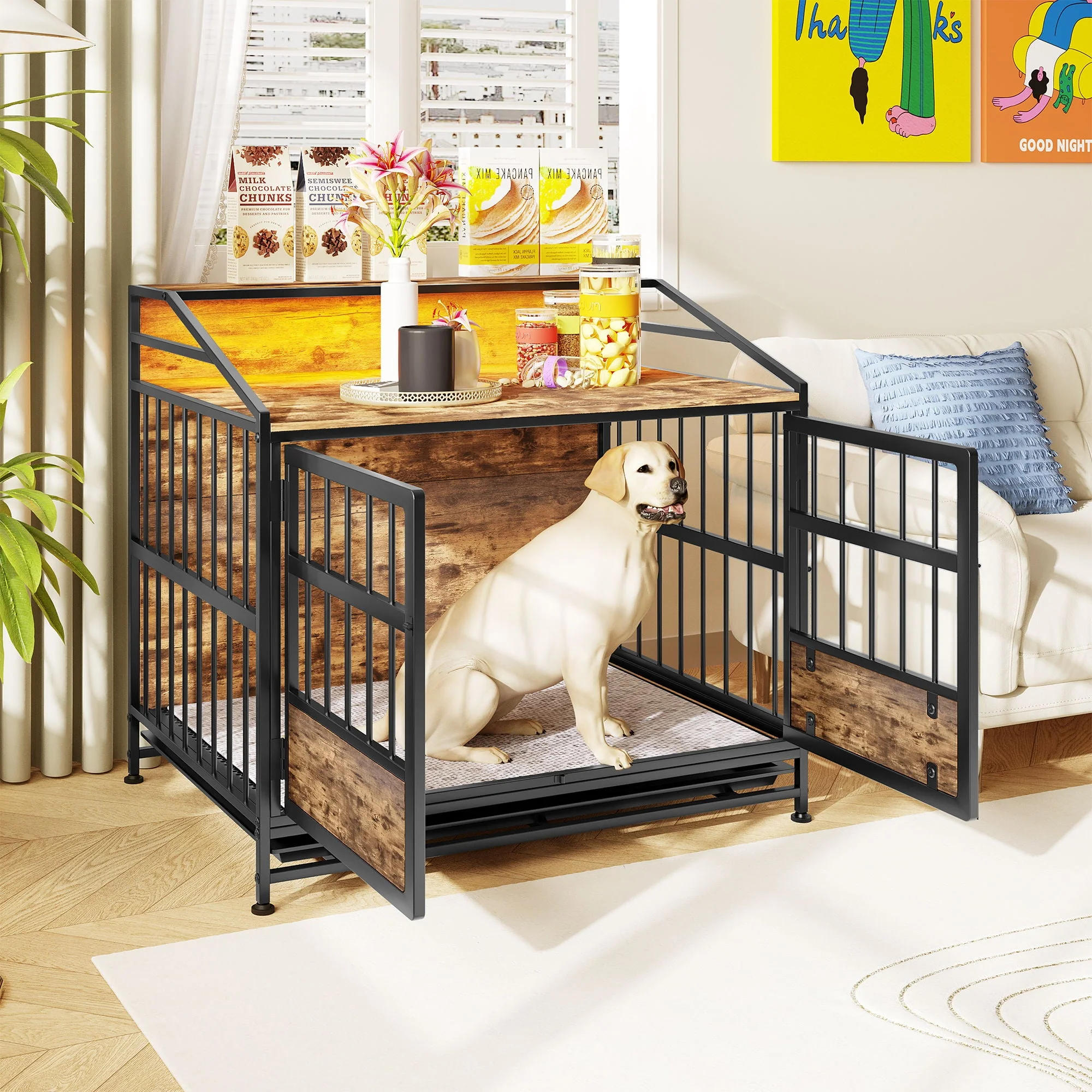 Multi Function Dog Crates With Storage, Double Doors, Indoor Dog Crate - Black Brown - Kaedas