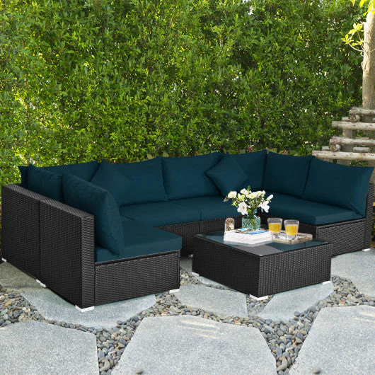 7 Pieces Sectional Wicker Furniture Sofa Set With Tempered Glass Top-Peacock Blue - Kaedas