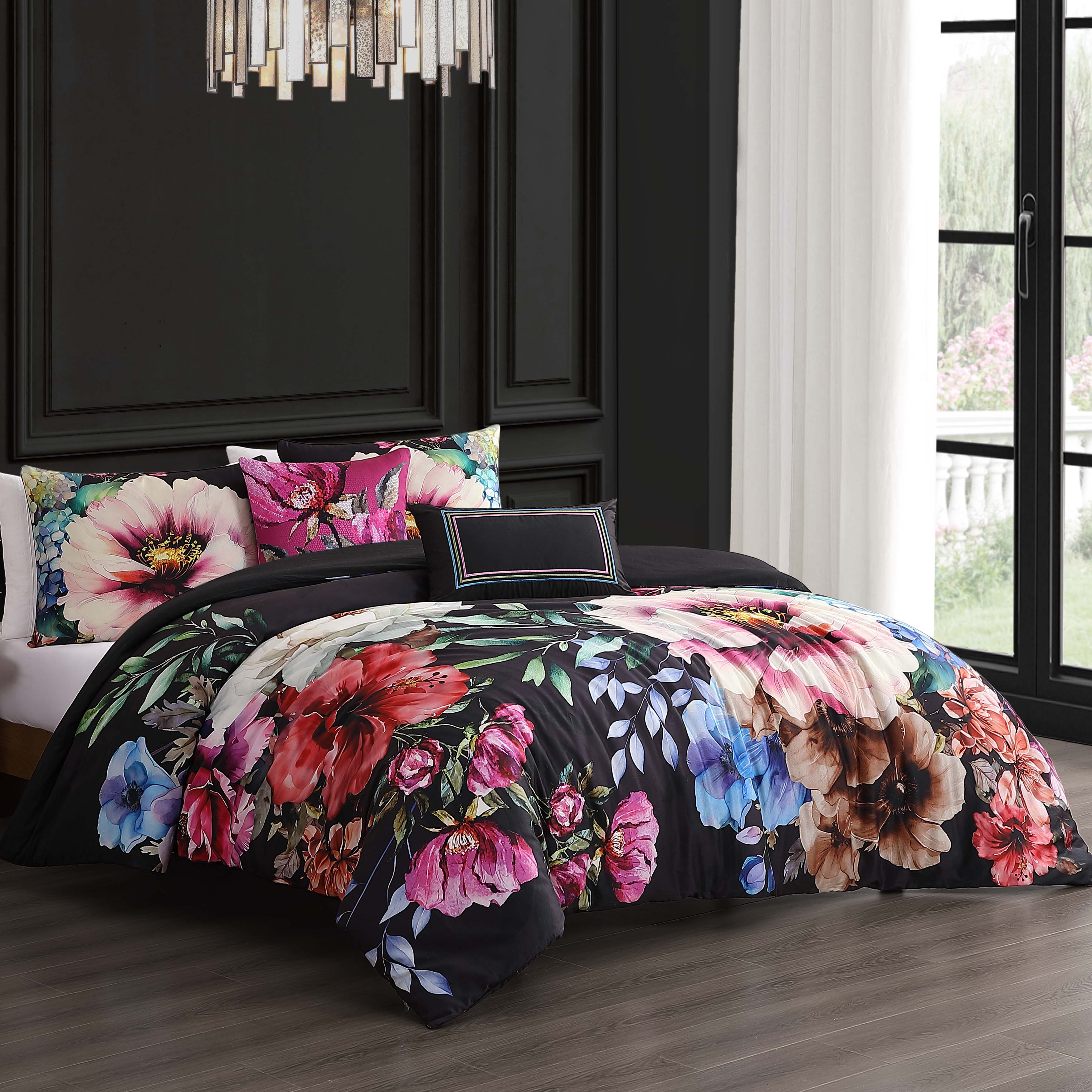 Bebejan Black Night Poppies 5 Piece Reversible Comforter Set - Kaedas