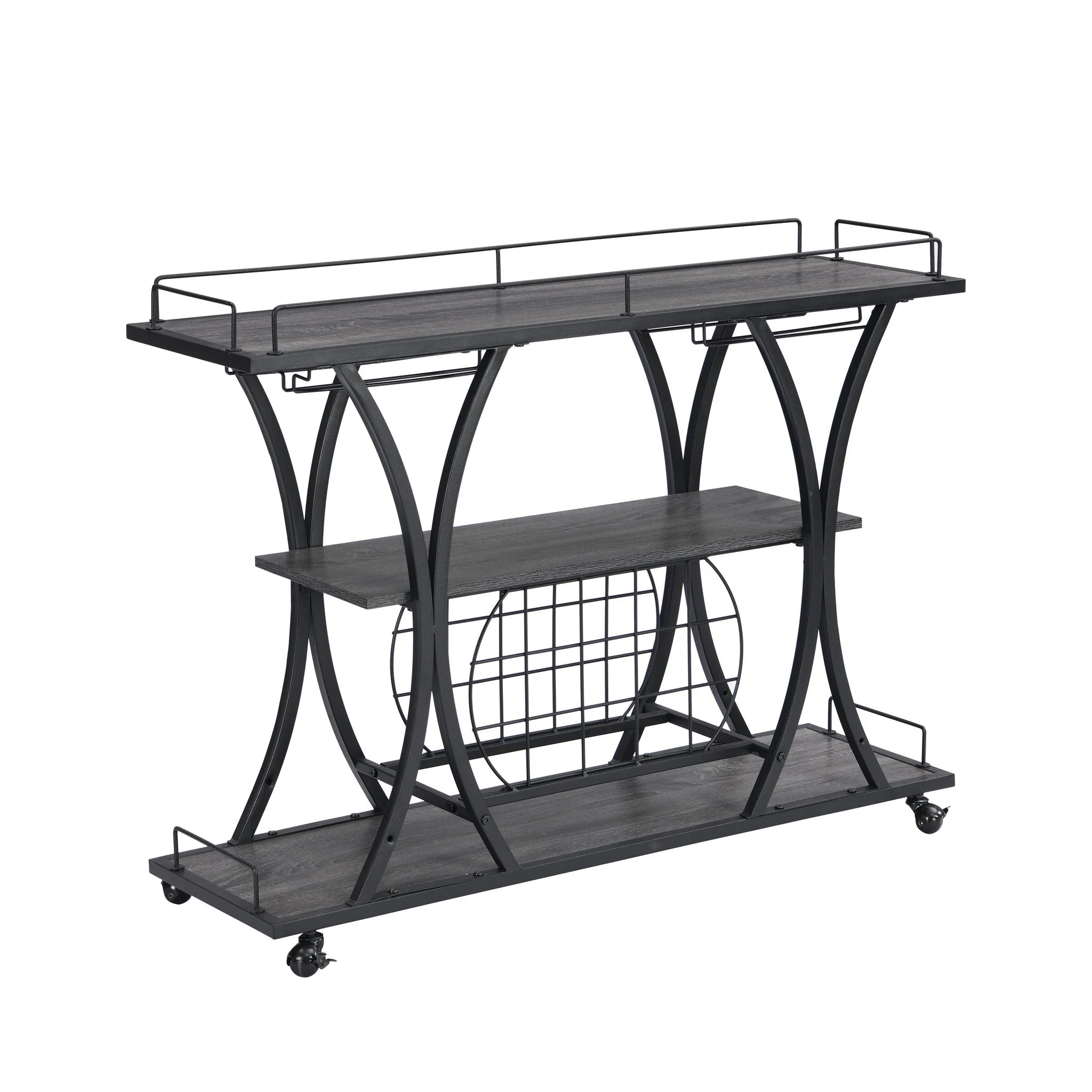 Industrial Bar Cart Kitchen Bar & Serving Cart for Home With Wheels 3 Tier Storage Shelves - Black / Gray - Kaedas