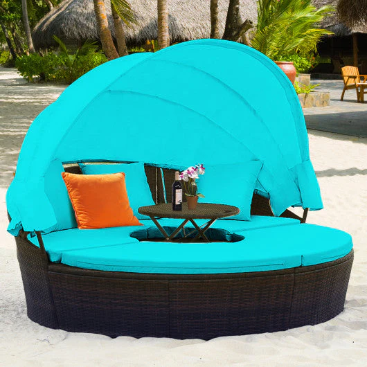 Patio Round Rattan Daybed With Retractable Canopy and Height Adjustable Coffee Table-Turquoise - Kaedas