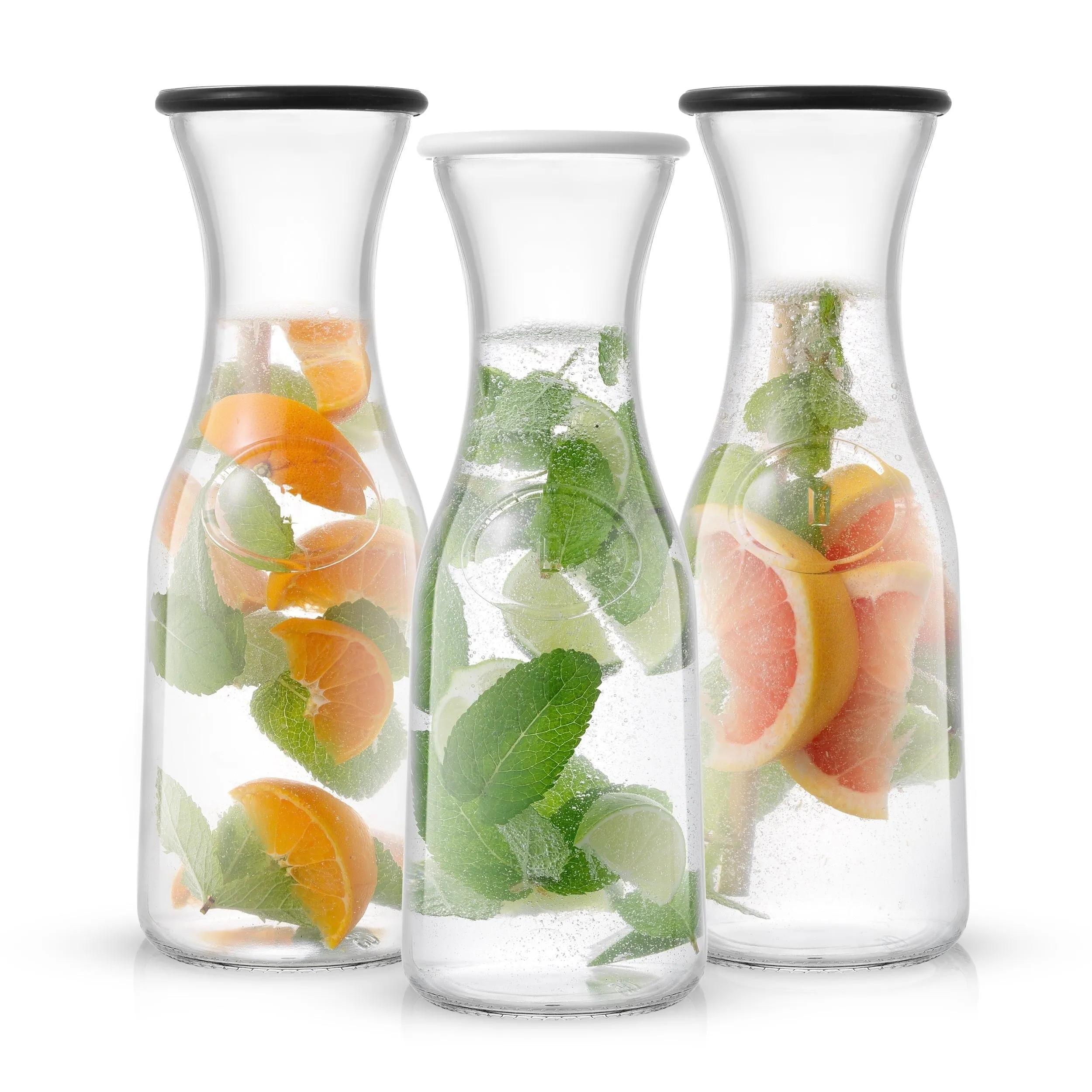 Glass Carafe Set - 3 Pitchers with Black and White Lids - Kaedas