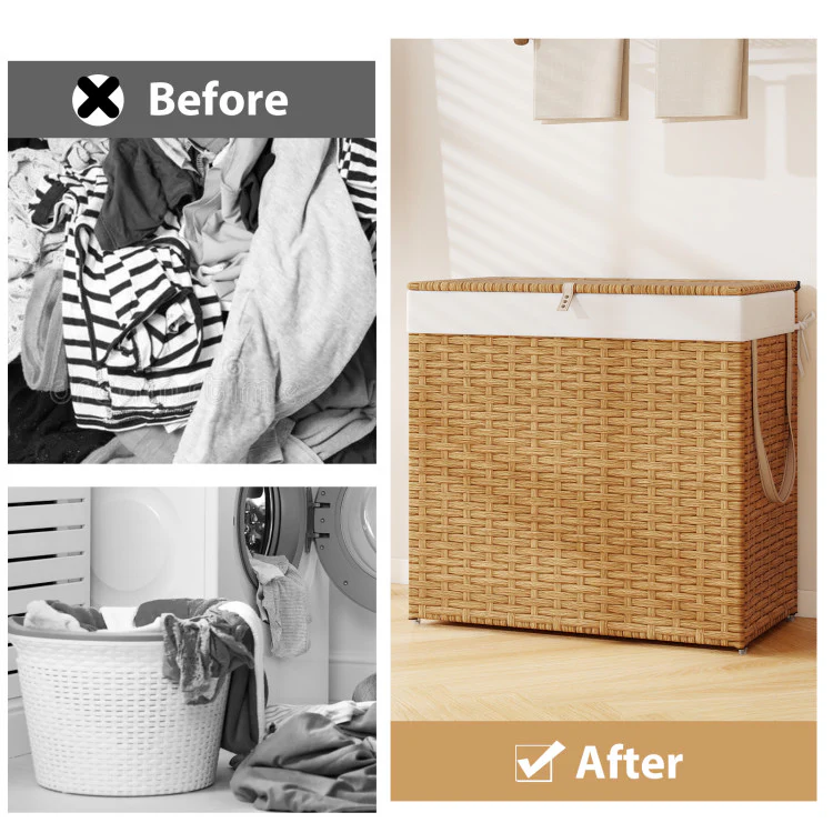 Laundry Hamper With Wheels and Lid-Natural - Kaedas