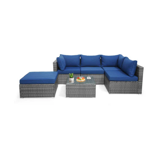 6 Pieces Outdoor Rattan Sofa Set With Seat and Back Cushions-Navy - Kaedas