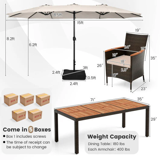 11 Pieces Patio Dining Set With 15 Feet Double-Sided Patio Umbrella and Base-Beige - Kaedas