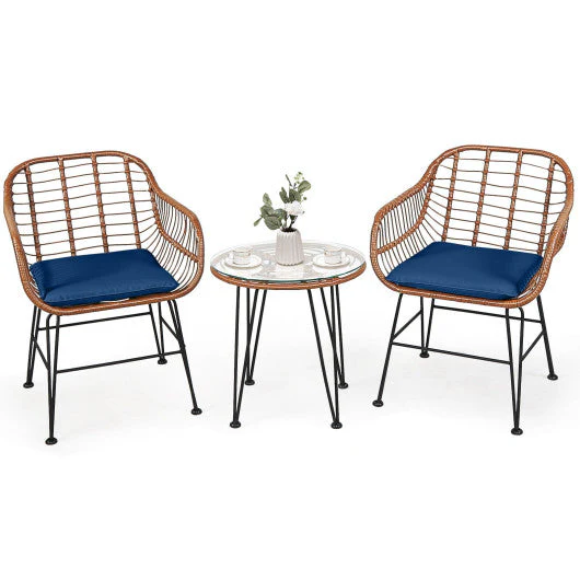 3 Pieces Patio Rattan Bistro Set With Cushion-Navy - Kaedas