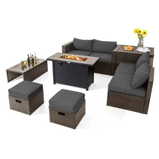 9 Pieces Outdoor Patio Furniture Set With 42 Inch Propane Fire Pit Table-Gray - Kaedas