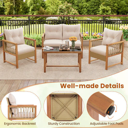 4 Pieces Outdoor Patio PE Wicker Conversation Bistro Set With Acacia Wood Frame-Brown - Kaedas