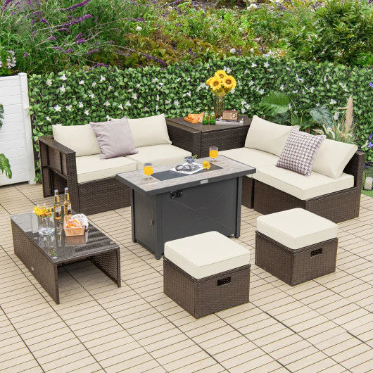 9 Pieces Outdoor Patio Furniture Set With 42 Inch Propane Fire Pit Table-White - Kaedas