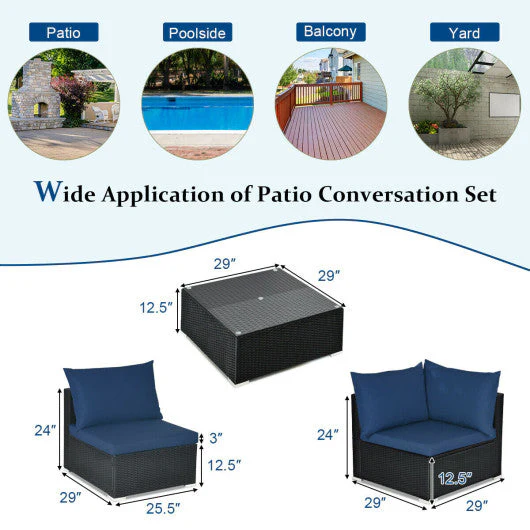 7-Piece Outdoor Sectional Wicker Patio Sofa Set With Tempered Glass Top-Navy - Kaedas