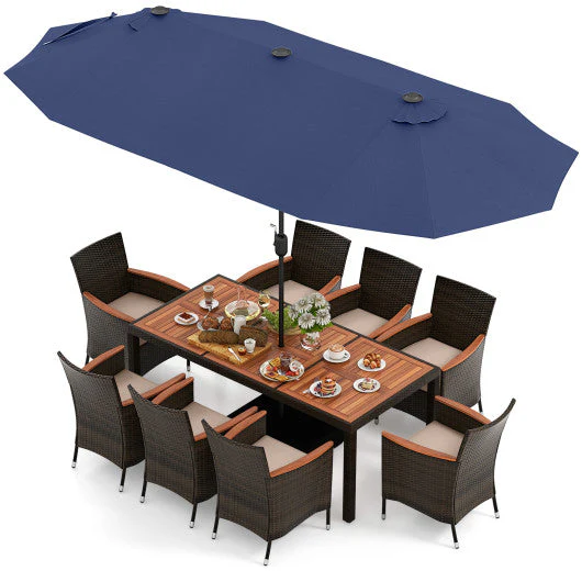11 Pieces Patio Dining Set With 15 Feet Double-Sided Patio Umbrella and Base-Navy - Kaedas