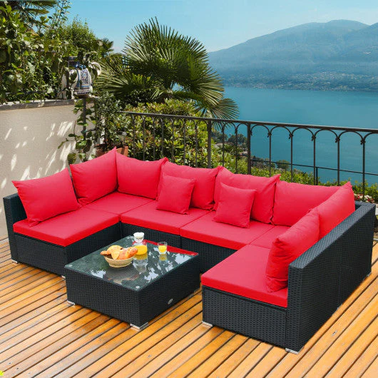 7 Pieces Sectional Wicker Furniture Sofa Set With Tempered Glass Top-Red - Kaedas