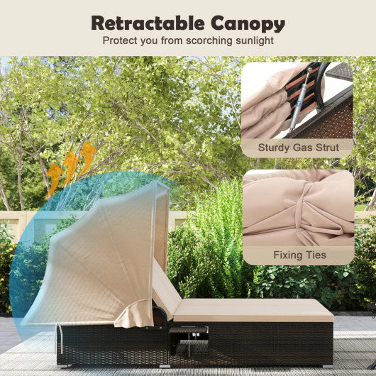 Patio Double Chaise Lounge With Shade Cushions and Folding Side Trays-Beige - Kaedas