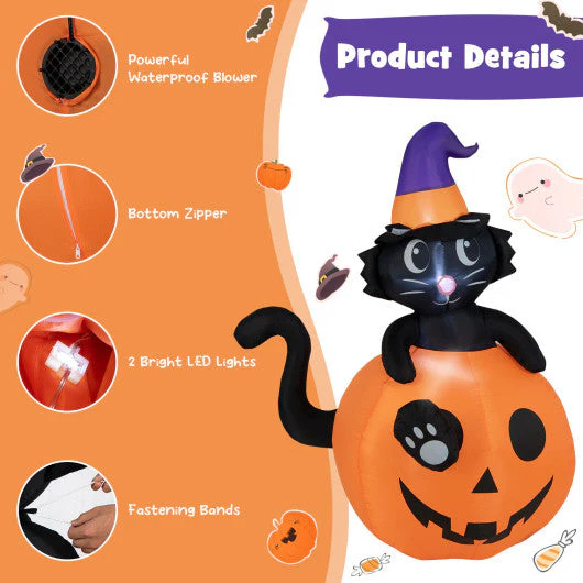5 Feet Inflatable Halloween Pumpkin With Witch's Black Cat - Kaedas