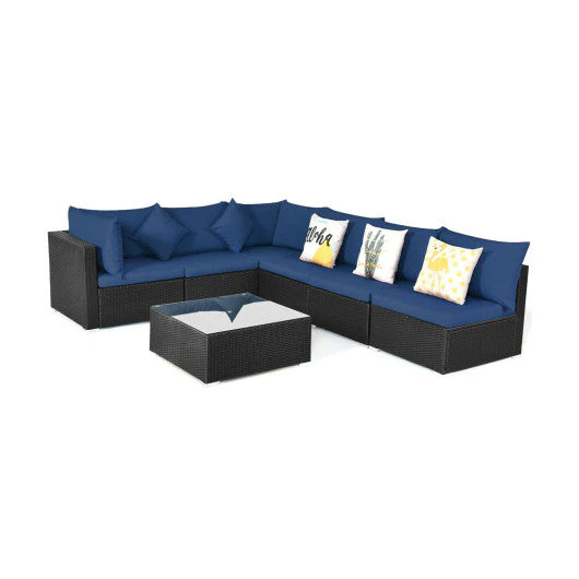 7-Piece Outdoor Sectional Wicker Patio Sofa Set With Tempered Glass Top-Navy - Kaedas