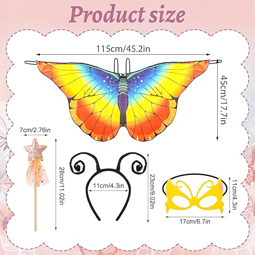 Kinwers Schmetterling Kostüm Kinder,4 Stück Kostüm Schmetterling Kinder Mädchen Schmetterlingsflügel mit Maske Haarreif Gazerock,Halloween Kostüm Karneval Fasching Cosplay - Kaedas